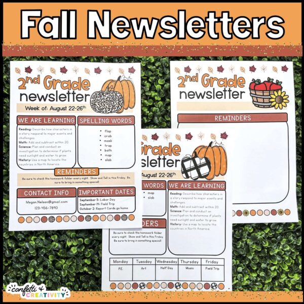 Shows all three different designs for the Fall Classroom Newsletters. The newsletters are laid on a green gras panel to highlight the fall orange, brown, and red colors. The clipart features orange pumpkins