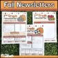 Shows all three different designs for the Fall Classroom Newsletters. The newsletters are laid on a green gras panel to highlight the fall orange, brown, and red colors. The clipart features orange pumpkins