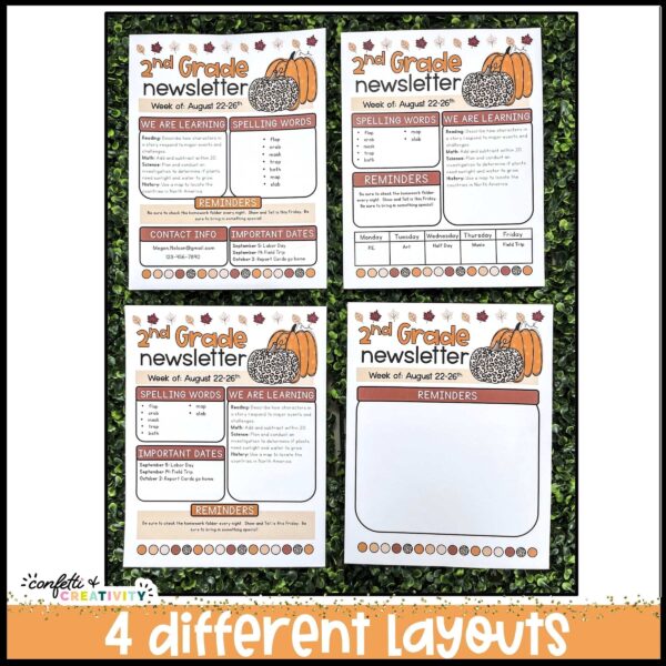 Fall Classroom Newsletters - Layout Options Shows four different Fall Classroom Newsletters laid out on a green grass panel. Every classroom newsletter has teh same pumpkin clipart to celebrate Fall, however they all have a different layout for where teachers can type and input information. Perfect for Parent communication