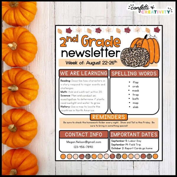 Fall Classroom Newsletters - Example Shows an example Fall Classroom Newsletter laid out on a table