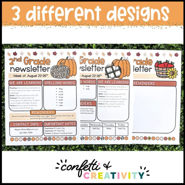 Fall Classroom Newsletters - Design Options Shows three different design options laid out on a table. Each newsletter has a different set of clipart to celebrate Fall