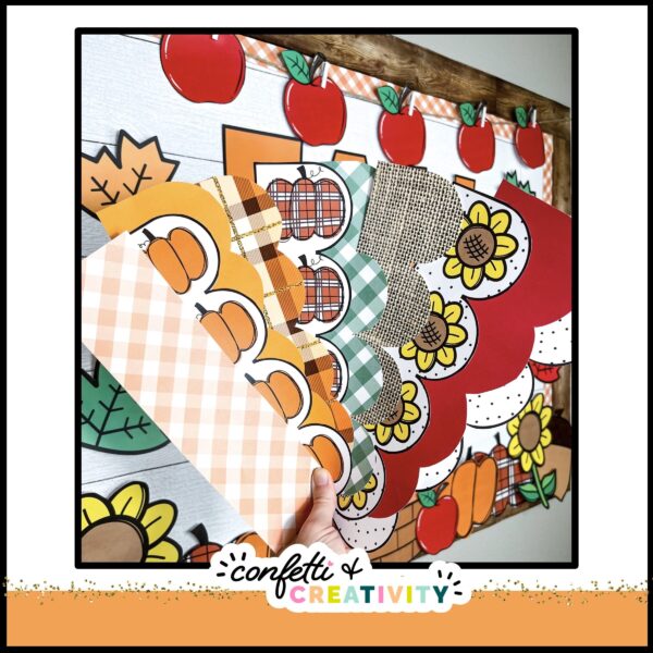 Fall Bulletin Board Borders - Borders Held by Megan Shows the fall bulletin board borders held out in front of the Fall bulletin board