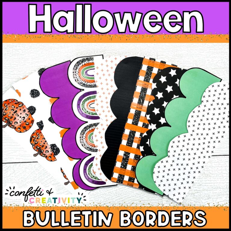 Shows the Halloween Bulletin Board Borders laid out on a table. Features greens, purples, and orange colors that match the Halloween Season