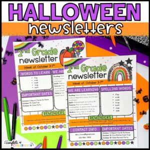 Shows 2 examples of the Halloween Newsletters on a table