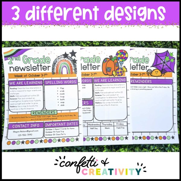 Halloween Classroom Newsletters - Design Options Shows multiple clipart design options for the Halloween Newsletters. Includes options like spiders, rainbows, and Halloween candy