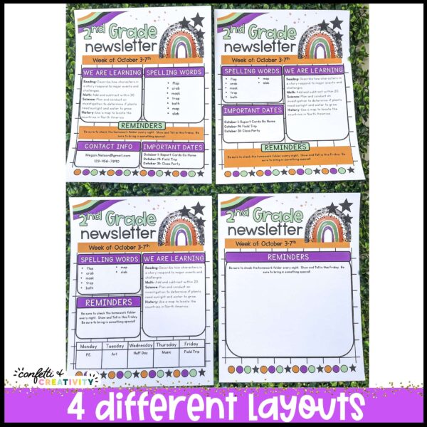 Halloween Classroom Newsletters - Layout Options Shows all four different layout options for the classroom newsletters