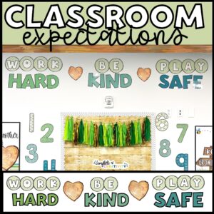 Shows the Nature classroom theme classroom expectations with the phrase "Work Hard, Be Kind, Play Safe" set up on a classroom wall