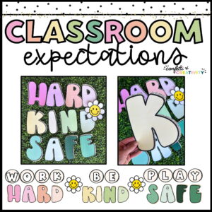 Shows the Retro themed Classroom expectations: "Work Hard, Be Kind, Play Safe"