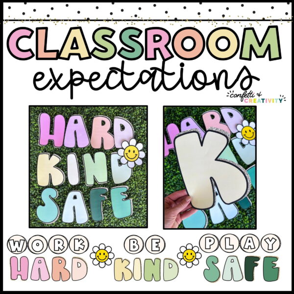 Shows the Retro themed Classroom expectations: "Work Hard, Be Kind, Play Safe"