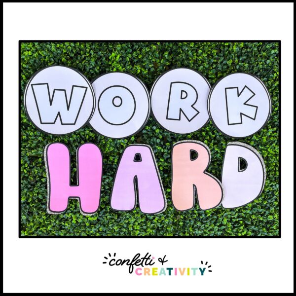 Retro Classroom Expectations - Work Hard Shows the Retro themed Classroom expectations: "Work Hard" laid out on a green grass panel