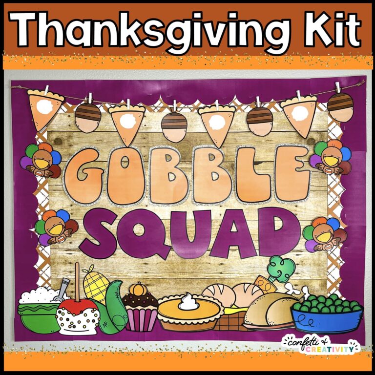 Shows the Thanksgiving Bulletin Board with the phrase "Gobble Squad". Features turkeys and other cute thanksgiving clipart
