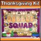 Shows the Thanksgiving Bulletin Board with the phrase "Gobble Squad". Features turkeys and other cute thanksgiving clipart
