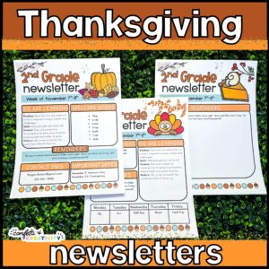 Shows the Thanksgiving Classroom Newsletters laid out on a green grass panel. Each design is differnt featuring different Thanksgiving clipart like turkeys, pumpkins, and food