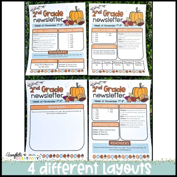 Thanksgiving Classroom Newsletters - Layout Options Shows 4 different layout options for the Thanksgiving Classroom newsletters. Every newsletter has the same clipart, but it shows the different places that teachers can input information to make parent communication simple