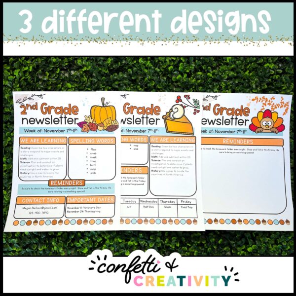 Thanksgiving Classroom Newsletters - Design Options Shows 3 different design options for the Thanksgiving Classroom Newsletters