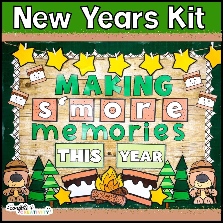 Shows the New Year's Bulletin board with the phrase "Making S'more memories this year". The board features a camping theme with s'mores, wood, and a star banner at the top of the board. Includes printable bulletin board borders that match the bulletin board colors and design