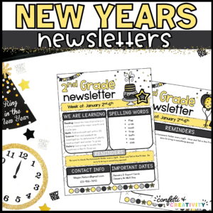 Shows the New Year's Classroom Newsletters laying out on a table. The newsletters have a black and yellow color scheme