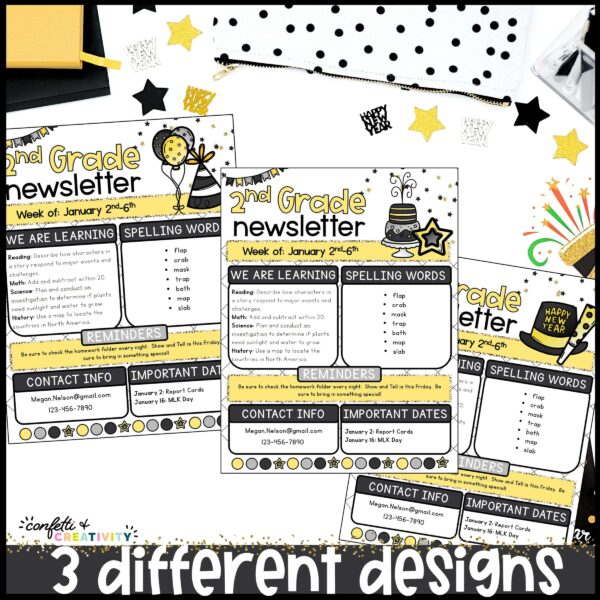 New Year's Classroom Newsletters - Multiple Newsletters Shows multiple New Year's Classroom newsletters out on a table with black and white decor on the table