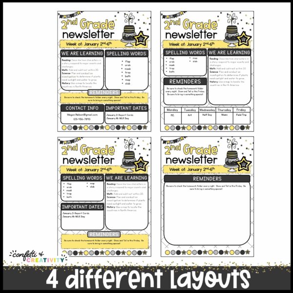 New Year's Classroom Newsletters - Four Layouts Shows four different layout options for the New Year's Classroom newsletters
