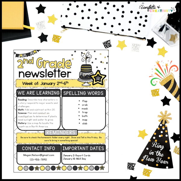 New Year's Classroom Newsletters - Alternative Design Shows a New Year's Newsletter set out on a table