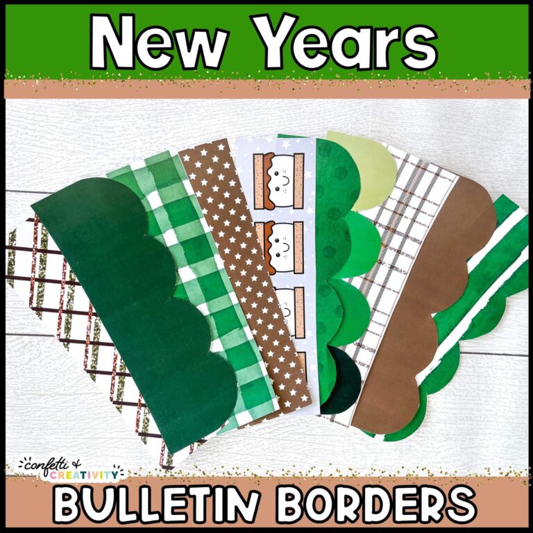 Shows the New Year's bulletin board borders fanned out. Has the text "New Year's" at the top of the image
