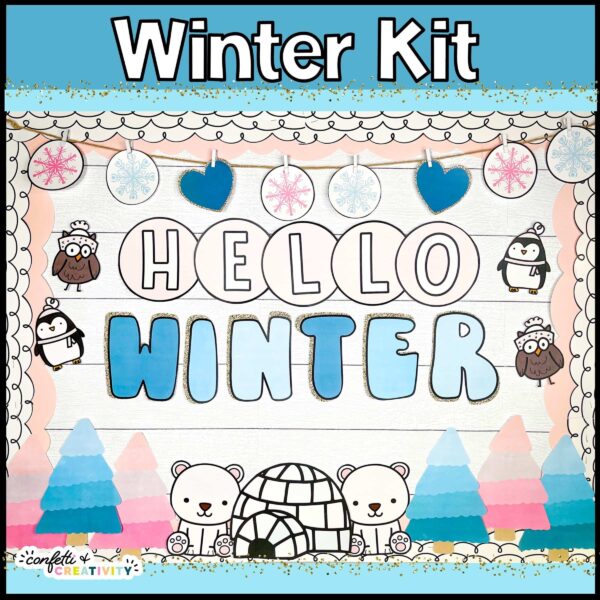 Shows the Winter Bulletin board with the phrase "Hello Winter". The board has Winter Clipart such as penguins, polar bears, and other cute winter animals