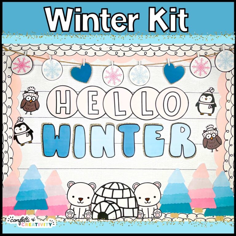 Shows the Winter Bulletin board with the phrase "Hello Winter". The board has Winter Clipart such as penguins, polar bears, and other cute winter animals