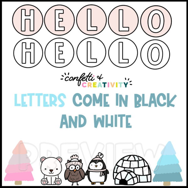 Winter Bulletin Board - Text and Clipart Options Shows the black and white as well as the color text options. At the bottom of the image are cute winter animal clipart optionst o use on the Winter Bulletin Board