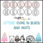 Shows the black and white as well as the color text options. At the bottom of the image are cute winter animal clipart optionst o use on the Winter Bulletin Board