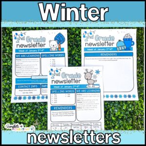 Shows all three designs of the Winter Classroom Newsletters. All of the newsletters have a blue and white winter color scheme and each design has different clipart at the top of the page