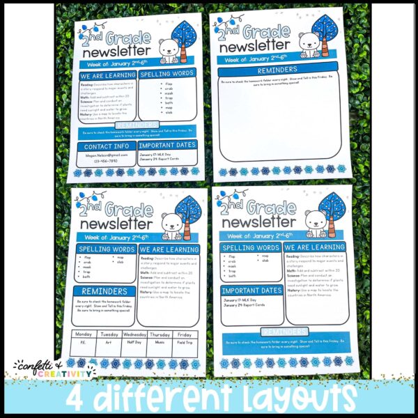 Winter Classroom Newsletters - Layout Options Shows all four different layout options for the Winter Classroom Newsletters. Each newsletter has a different clipart option