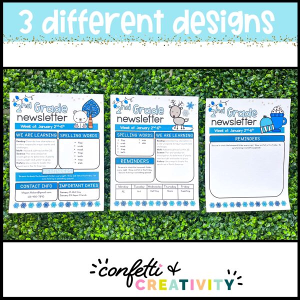 Winter Classroom Newsletters - Design Options Shows three different design options of the newsletters laid out on a green grass panel