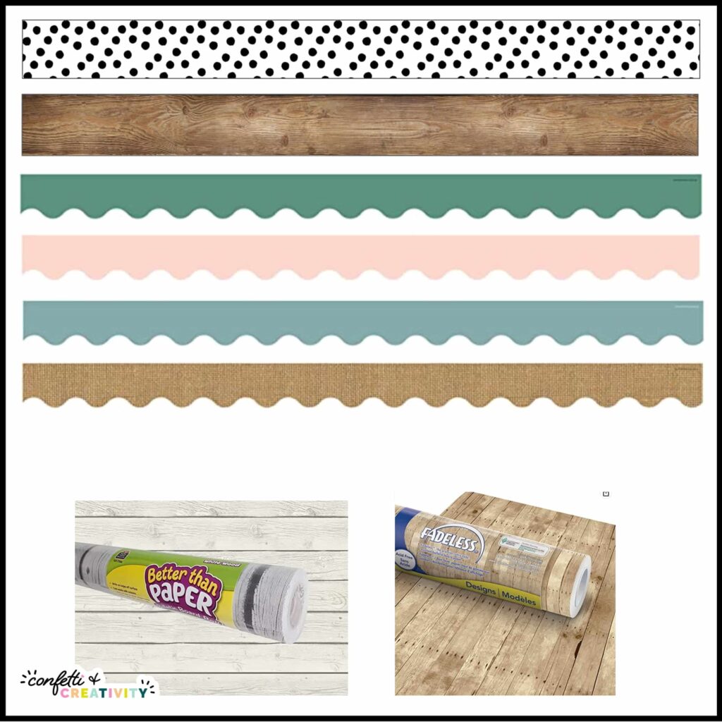 Shows multiple bulletin board items for the Floral Classroom Theme. Includes bulletin board borders as well as bulletin board borders that includes things like a wooden background