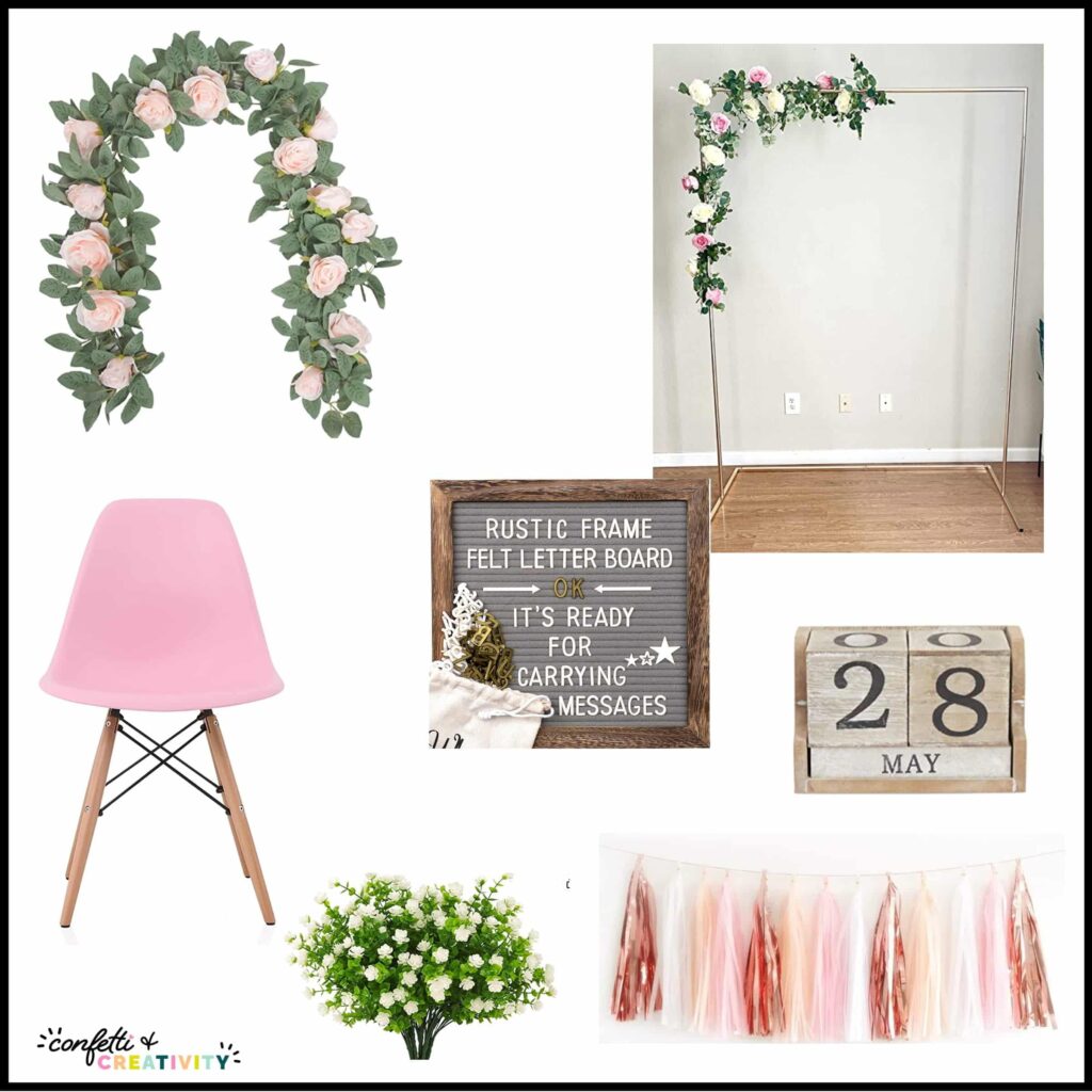 Shows multiple items such as a pink chair, chalkboard, and other design elements