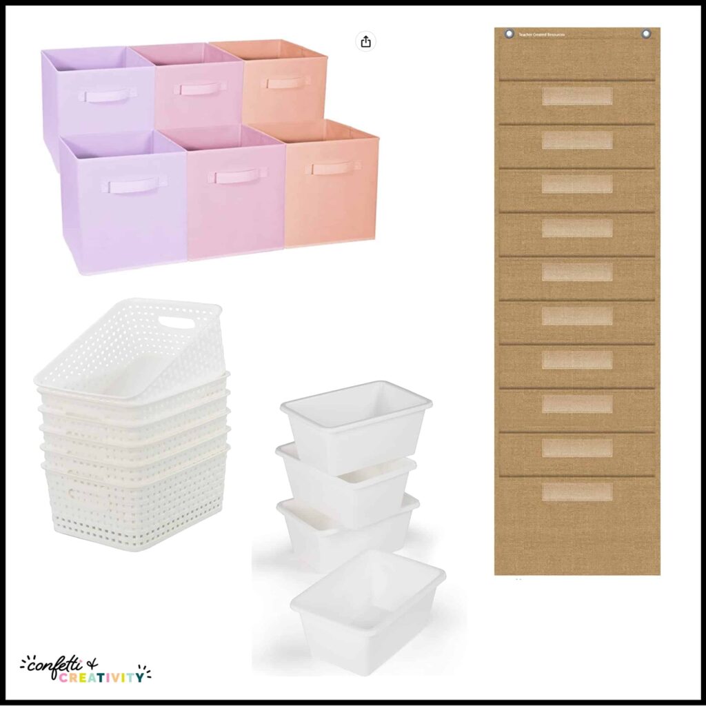 Shows many different storage options such a white baskets, light pink storage options and burlap pocket charts. All classroom organization items match the floral classroom theme