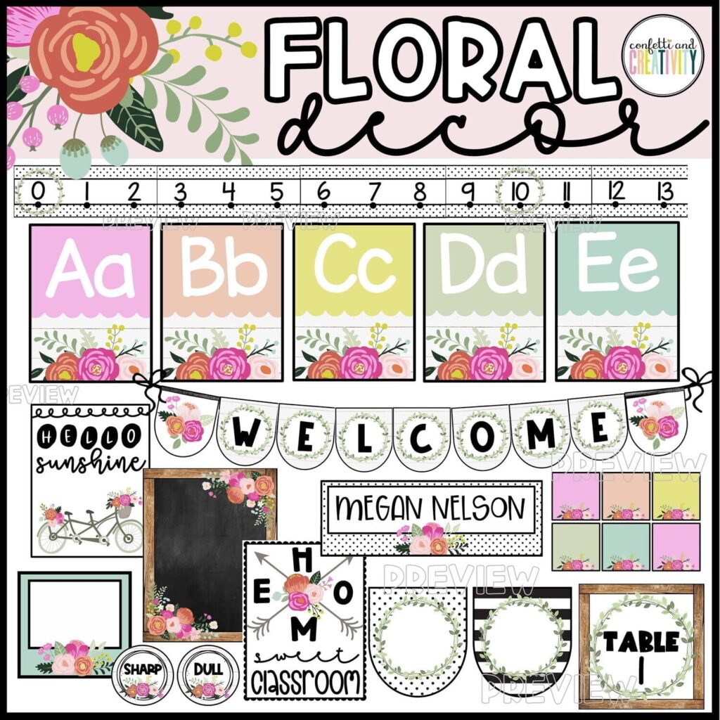 Shows multiple design elements from the Floral Classroom Theme including an alphabet line, number line and so much more