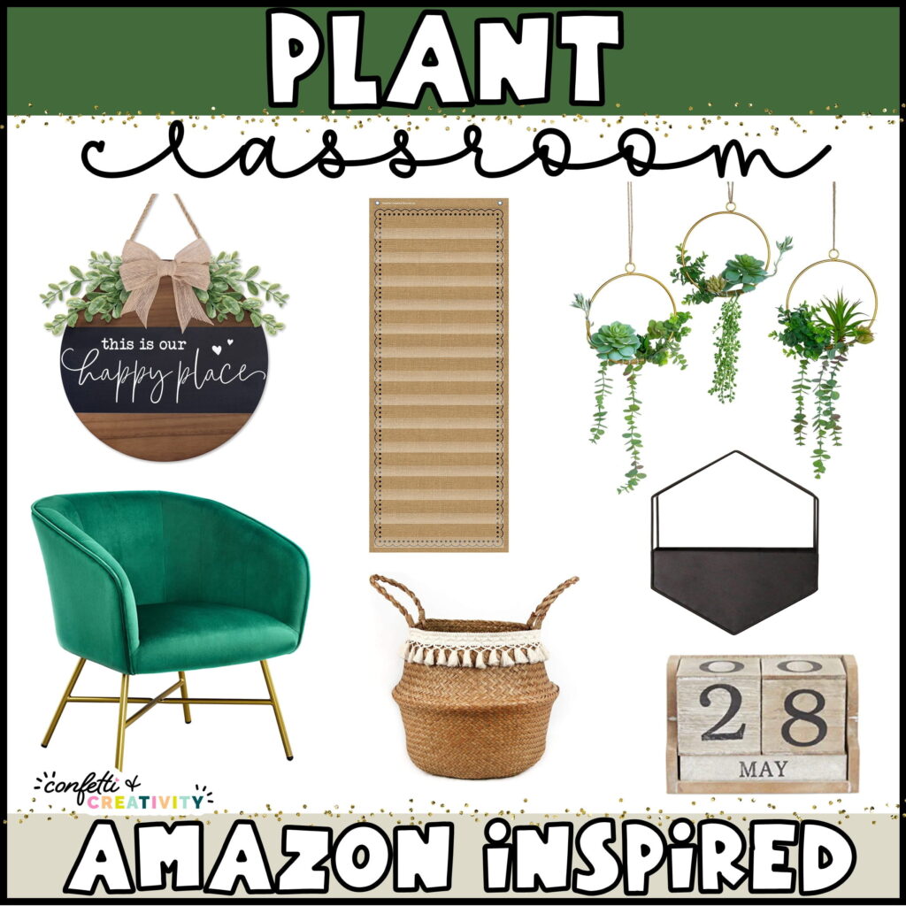 Shows the cover photo for items that match with the plant classroom theme. All items come from Amazon. The picture includes things like a green chair, fake plants, and other great decor items for the classroom