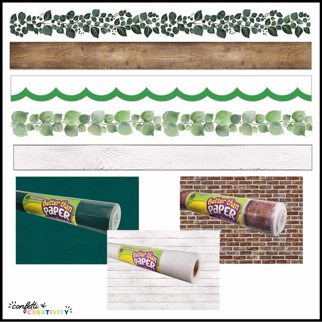 Shows many bulletin board borders and bulletin board papers that perfectly match the plant classroom decor bundle. Includes options with burlap, wood, and green colors to make your classroom a plant classroom theme dream