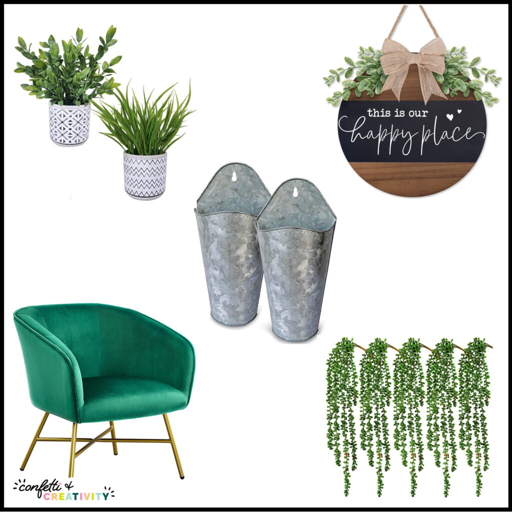 Shows small fake plants for the teacher desk, as well as a hanger that sits on the classroom door, and other items that include galvanized steel. All options match with the plant classroom decor bundle