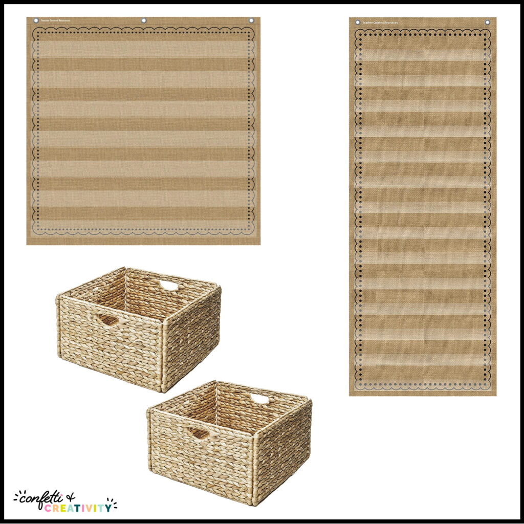 Shows burlap storage options like a pocket chart and a wicker basket. The light browns will perfectly match with the greens and plants from the plant classroom decor bundle