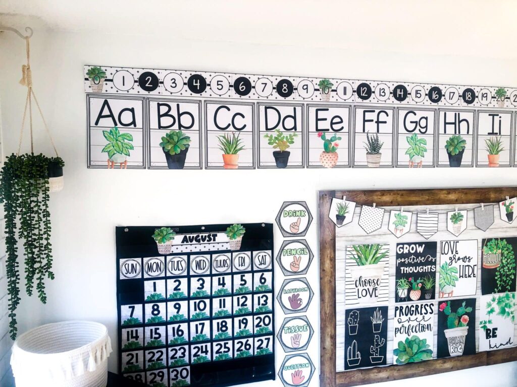 Shows the entire room decorated with the Plant classroom decor bundle