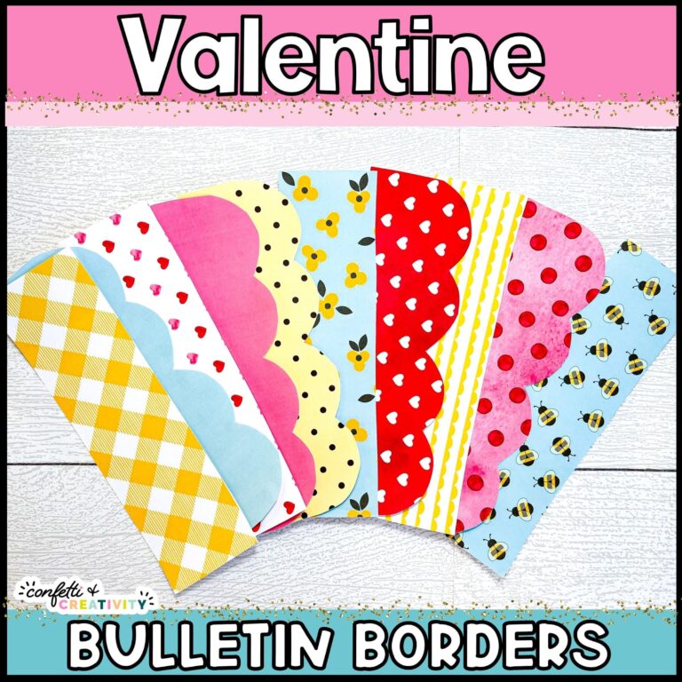 Shows the brightly colored Valentine's Day Bulletin Board Borders that are printed and fanned out with a white background. The image has the word "Valentine" at the top