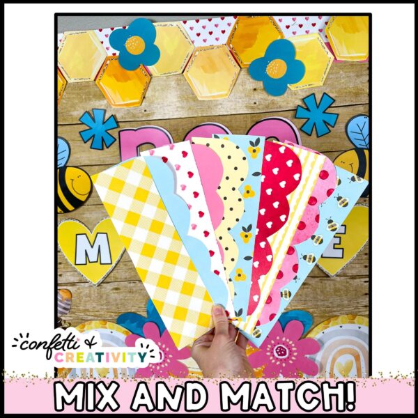 Valentine's Day Bulletin Board Borders - Fanned Borders Shows the brightly colored Valentine's Day Bulletin Board Borders that are printed and fanned out in front of the Valentine's Day Bulletin Board