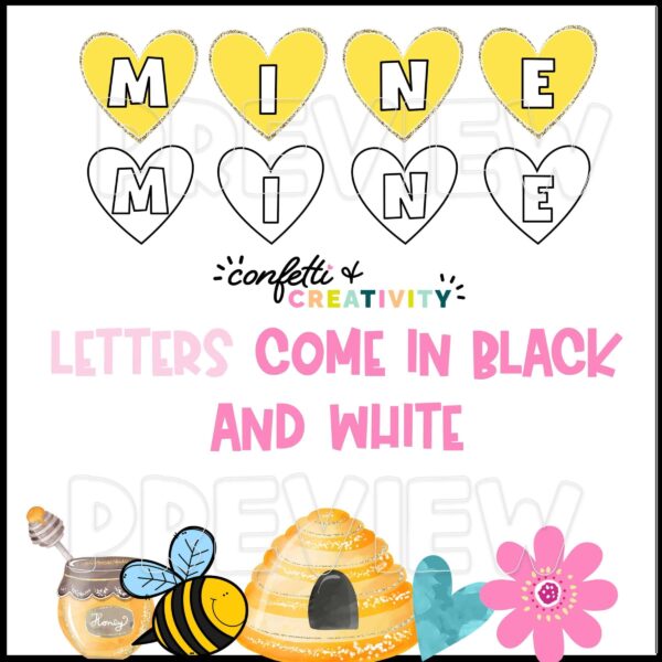 Valentine's Day Bulletin Board - Text and Clipart Shows the text and clipart options. Includes black and white text as well as color. The clipart shown includes adorable bees