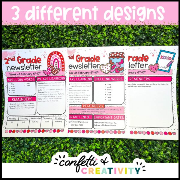 Valentine's Day Classroom Newsletters - Design Options Shows 3 different design options for the Valentine's Classroom Newsletters. Includes clipart such as a pink and red rainbow with hearts, a jar full of hearts, and love letter