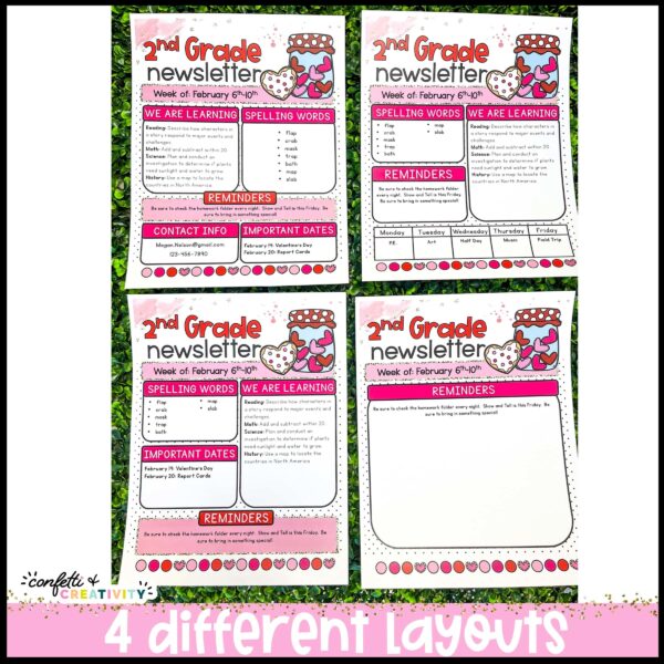 Valentine's Day Classroom Newsletters - Layout Designs Shows 4 different layout designs for the Valentine's Day Classroom Newsletters. Each one has different boxes for a teacher to add to make parent communication easier