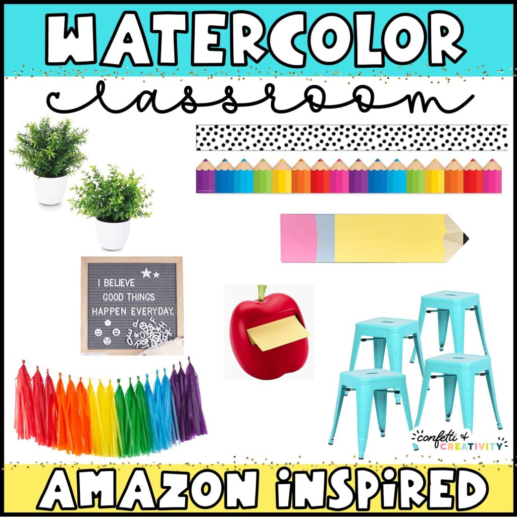 Shows the cover photo for the watercolor classroom decor bundle. Features bright classic colors for decorating a classroom as well as other school items like an apple sticky note holder and more