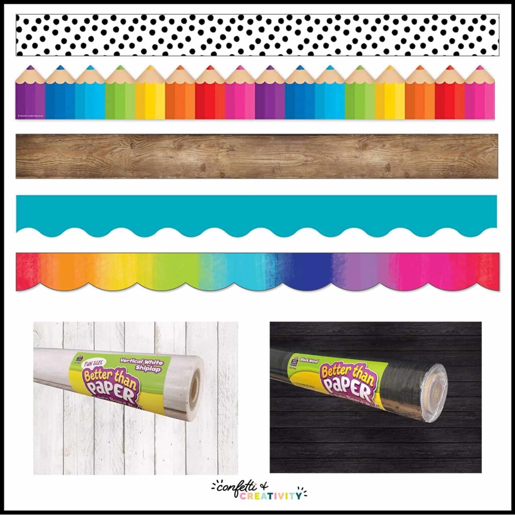Shows the bulletin board items that will perfectly match the watercolor classroom theme. Includes bright bulletin board borders, wooden borders, and many different brightly colored bulletin board papers