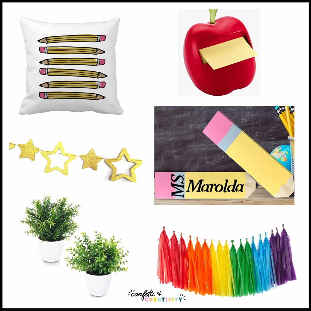 Shows various items like an apple sticky note holder, a customizable pencil teacher name plate, and so much more