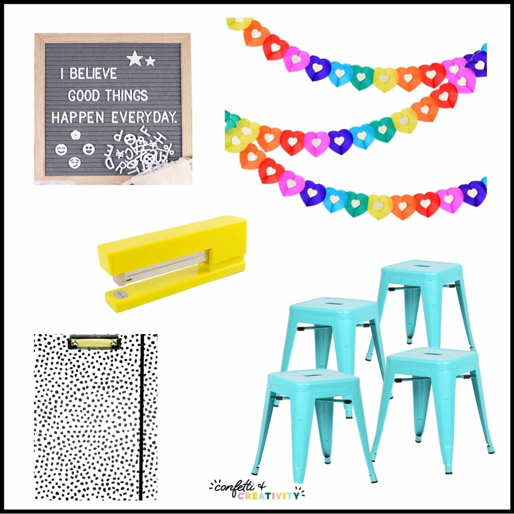 Shows a brightly colored streamer, a yellow stapler, and brightly colored teal stools to match the watercolor theme color palette